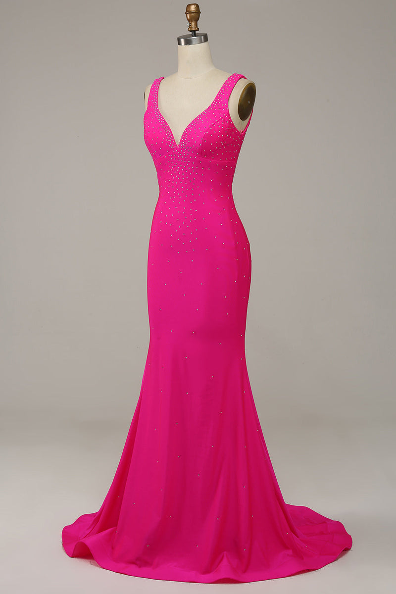 Load image into Gallery viewer, Fuchsia Mermaid V-Neck Beaded Prom Dress