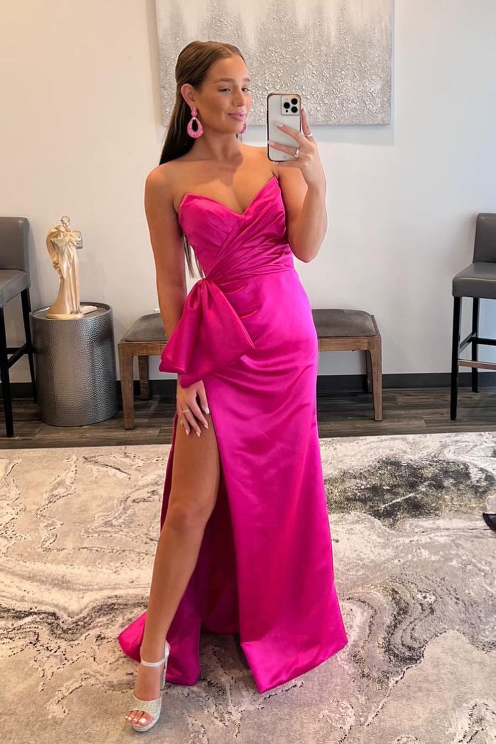 Sweetheart Hot Pink Long Prom Dress with Split Front