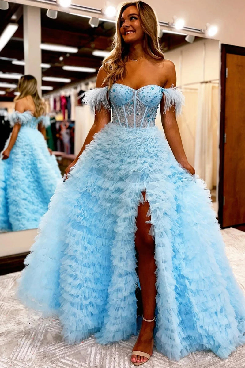Load image into Gallery viewer, Princess A Line Off the Shoulder Pink Long Prom Dress with Feather
