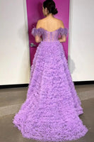Load image into Gallery viewer, Princess A Line Off the Shoulder Pink Long Prom Dress with Feather