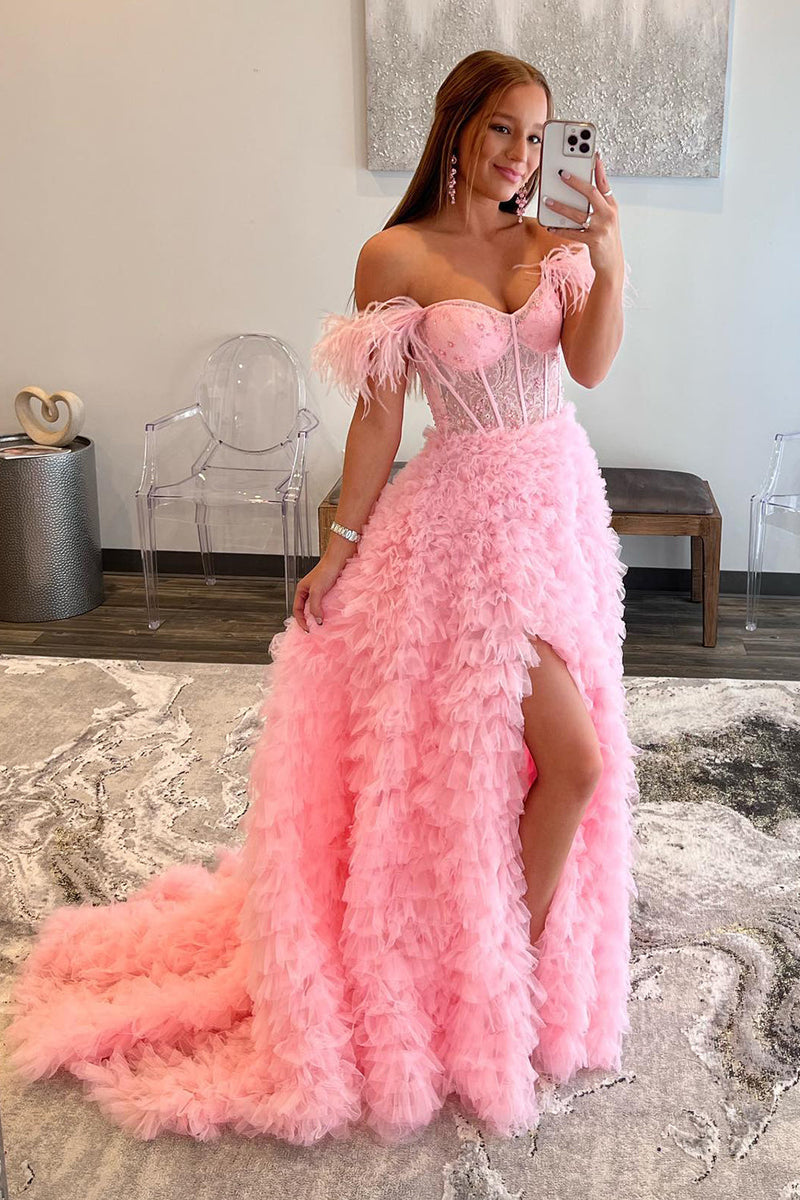 Load image into Gallery viewer, Princess A Line Off the Shoulder Pink Long Prom Dress with Feather