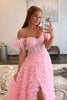 Load image into Gallery viewer, Princess A Line Off the Shoulder Pink Long Prom Dress with Feather