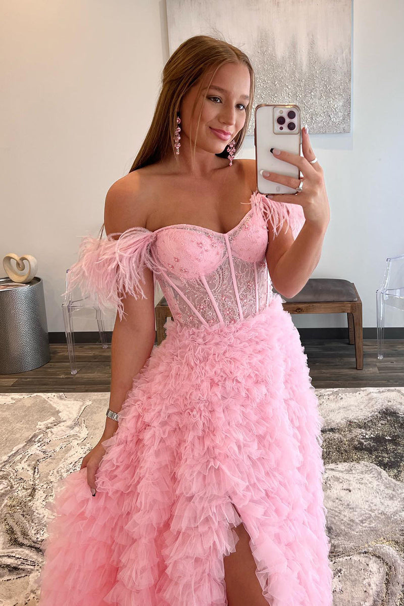 Load image into Gallery viewer, Princess A Line Off the Shoulder Pink Long Prom Dress with Feather