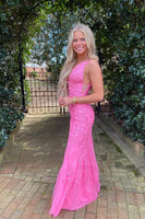 Load image into Gallery viewer, Mermaid Deep V Neck Pink Long Prom Dress with Appliques