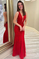 Load image into Gallery viewer, Mermaid Deep V Neck Pink Long Prom Dress with Appliques