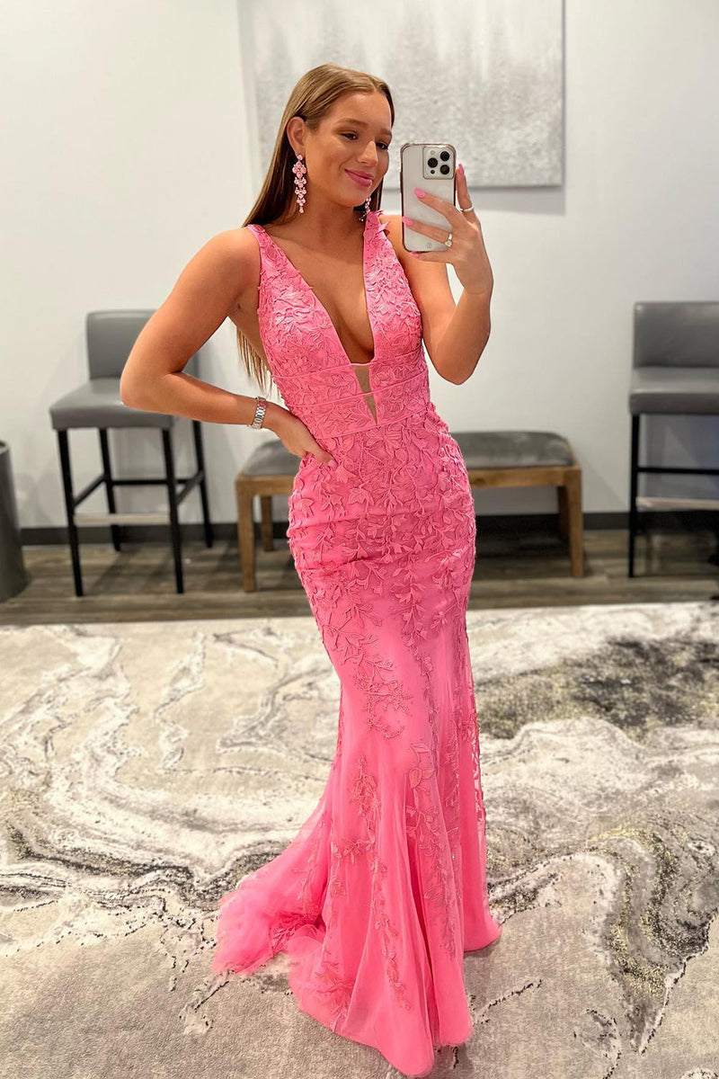 Load image into Gallery viewer, Mermaid Deep V Neck Pink Long Prom Dress with Appliques