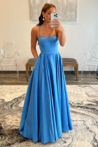 A-Line Halter Backless Satin Blue Long Prom Dress with Pockets
