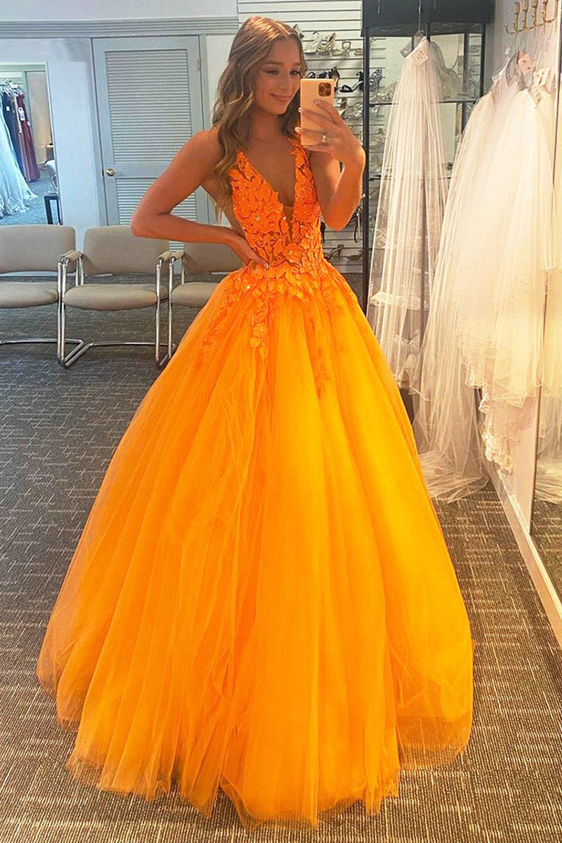 Load image into Gallery viewer, A Line V Neck Orange Prom Dress with Appliques