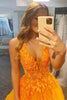 Load image into Gallery viewer, A Line V Neck Orange Prom Dress with Appliques