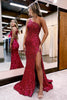 Load image into Gallery viewer, Burgundy One Shoulder Sequins Prom Dress with Slit