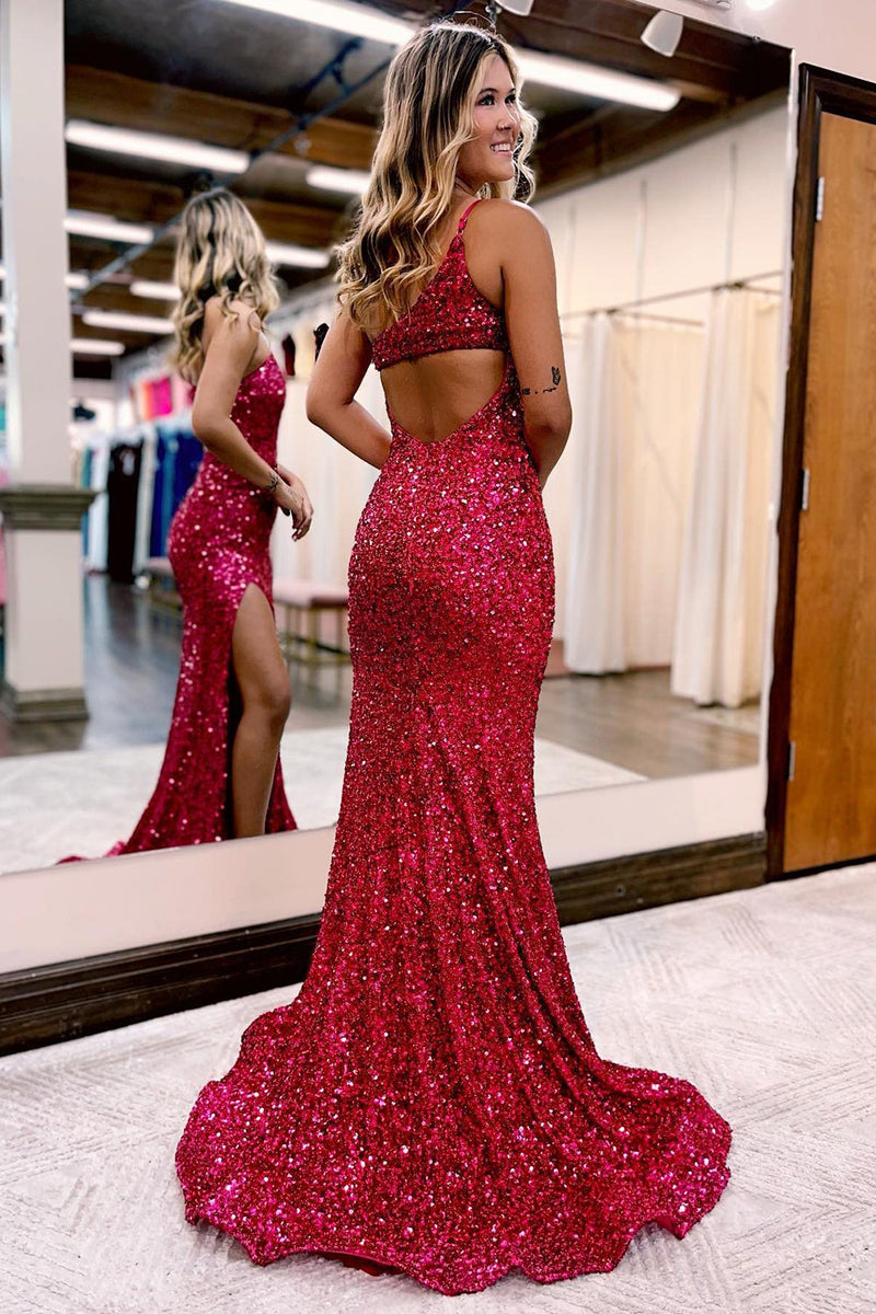 Load image into Gallery viewer, Burgundy One Shoulder Sequins Prom Dress with Slit