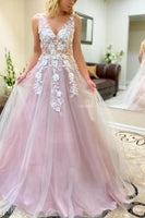 Load image into Gallery viewer, A-Line V-Neck Champagne Long Prom Dress with Appliques