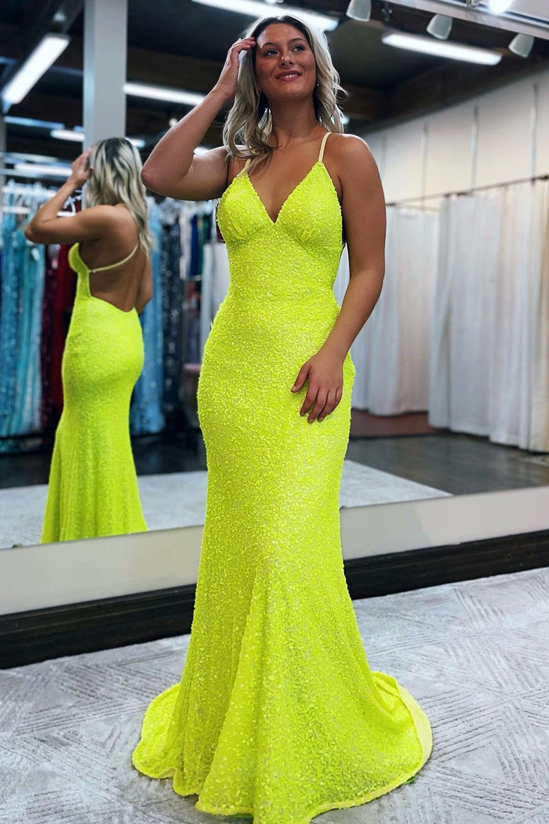 Load image into Gallery viewer, Mermaid Spaghetti Straps Blue Sequins Backless Long Prom Dress
