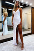 Load image into Gallery viewer, Sheath V Neck White Sequins Long Prom Dress with Silt