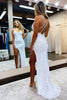 Load image into Gallery viewer, Sheath V Neck White Sequins Long Prom Dress with Silt