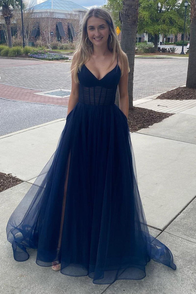 Load image into Gallery viewer, A Line Spaghetti Straps Navy Long Prom Dress