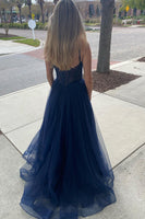 Load image into Gallery viewer, A Line Spaghetti Straps Navy Long Prom Dress