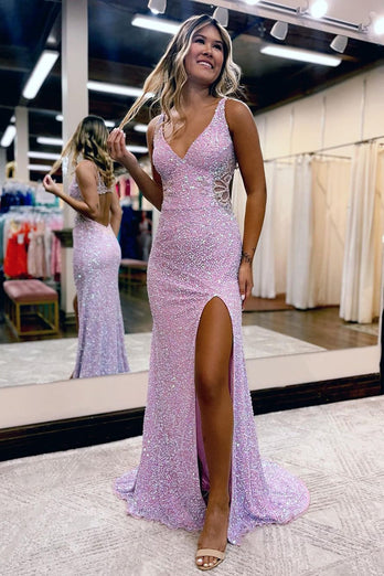 V-Neck Hollow-Out Backless Sequins Mermaid Prom Dress with Slit