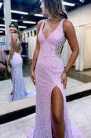 Load image into Gallery viewer, V-Neck Hollow-Out Backless Sequins Mermaid Prom Dress with Slit