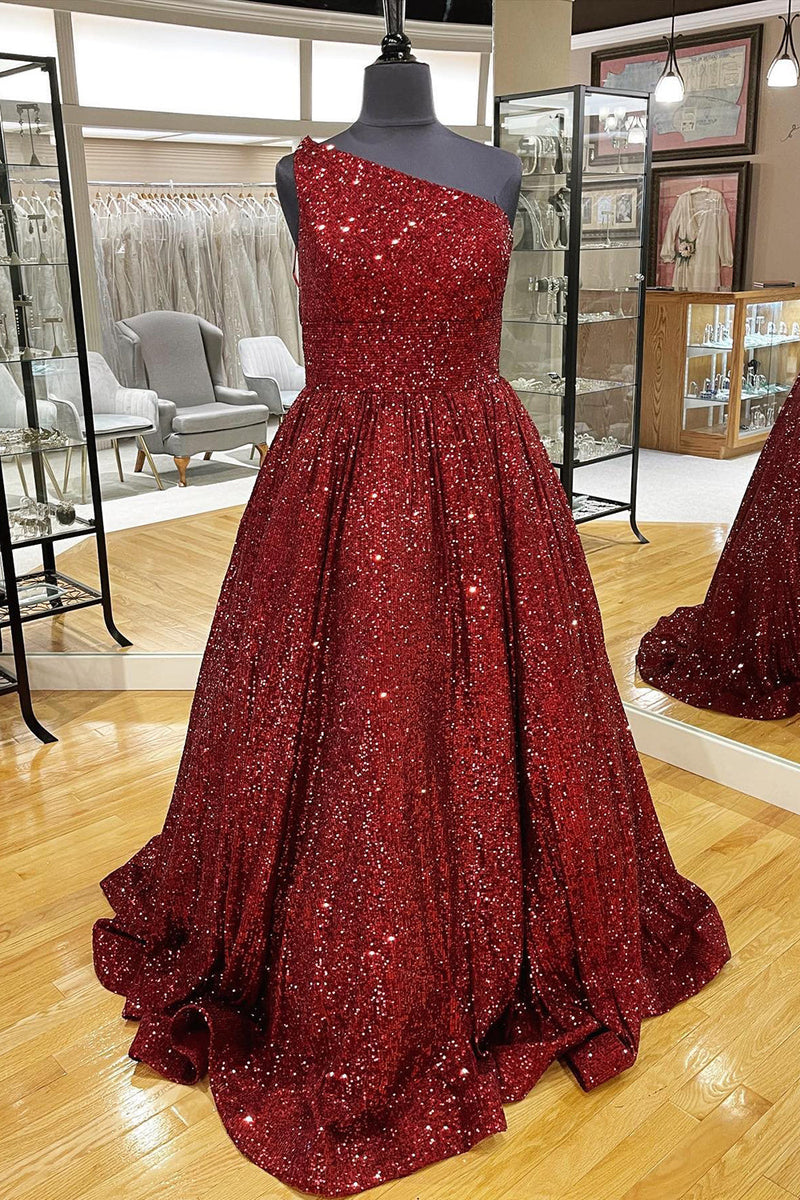 Load image into Gallery viewer, Blue One Shoulder A Line Sequins Prom Dress
