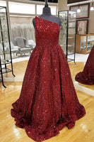 Load image into Gallery viewer, Sparkly Pink One Shoulder A Line Sequins Prom Dress
