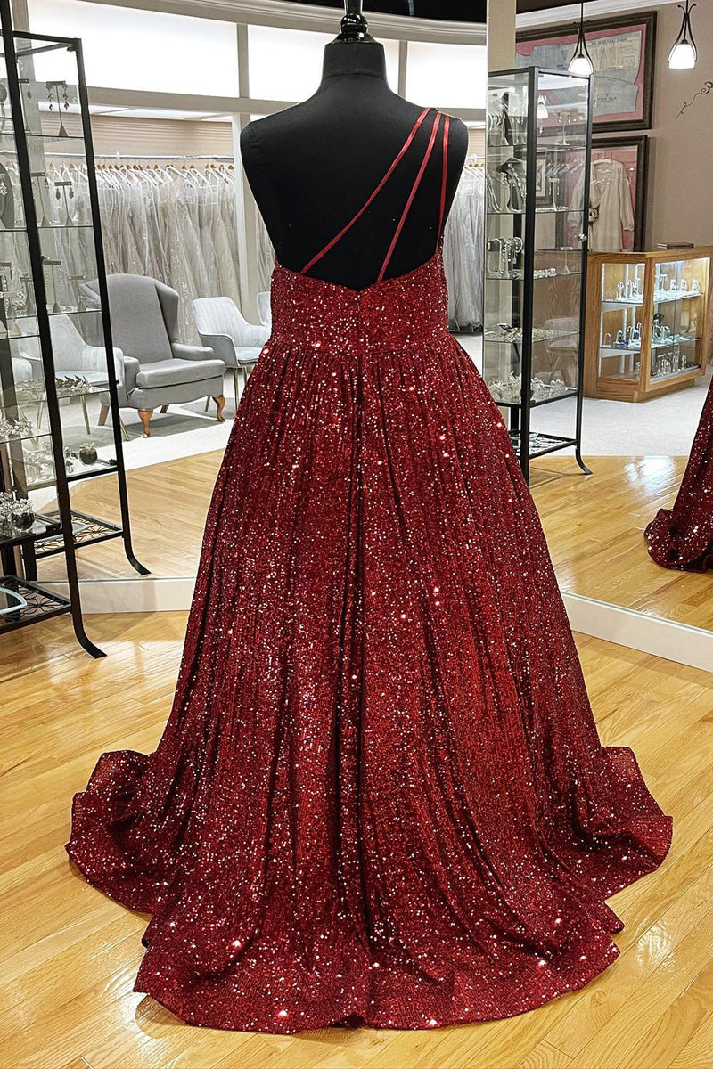 Load image into Gallery viewer, Blue One Shoulder A Line Sequins Prom Dress
