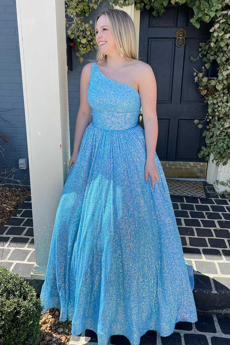 Load image into Gallery viewer, Blue One Shoulder A Line Sequins Prom Dress