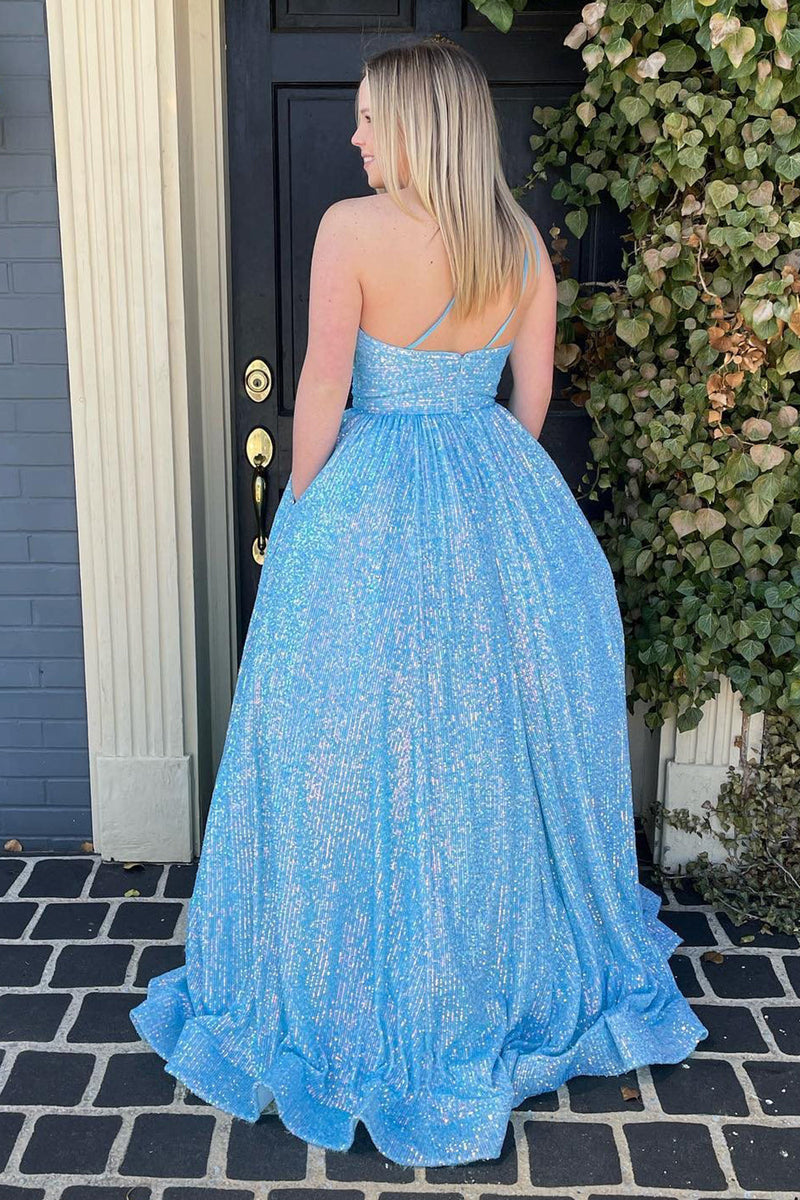 Load image into Gallery viewer, Blue One Shoulder A Line Sequins Prom Dress