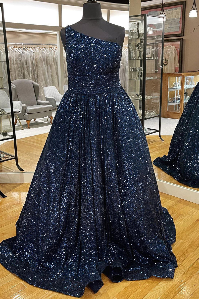 Load image into Gallery viewer, Blue One Shoulder A Line Sequins Prom Dress