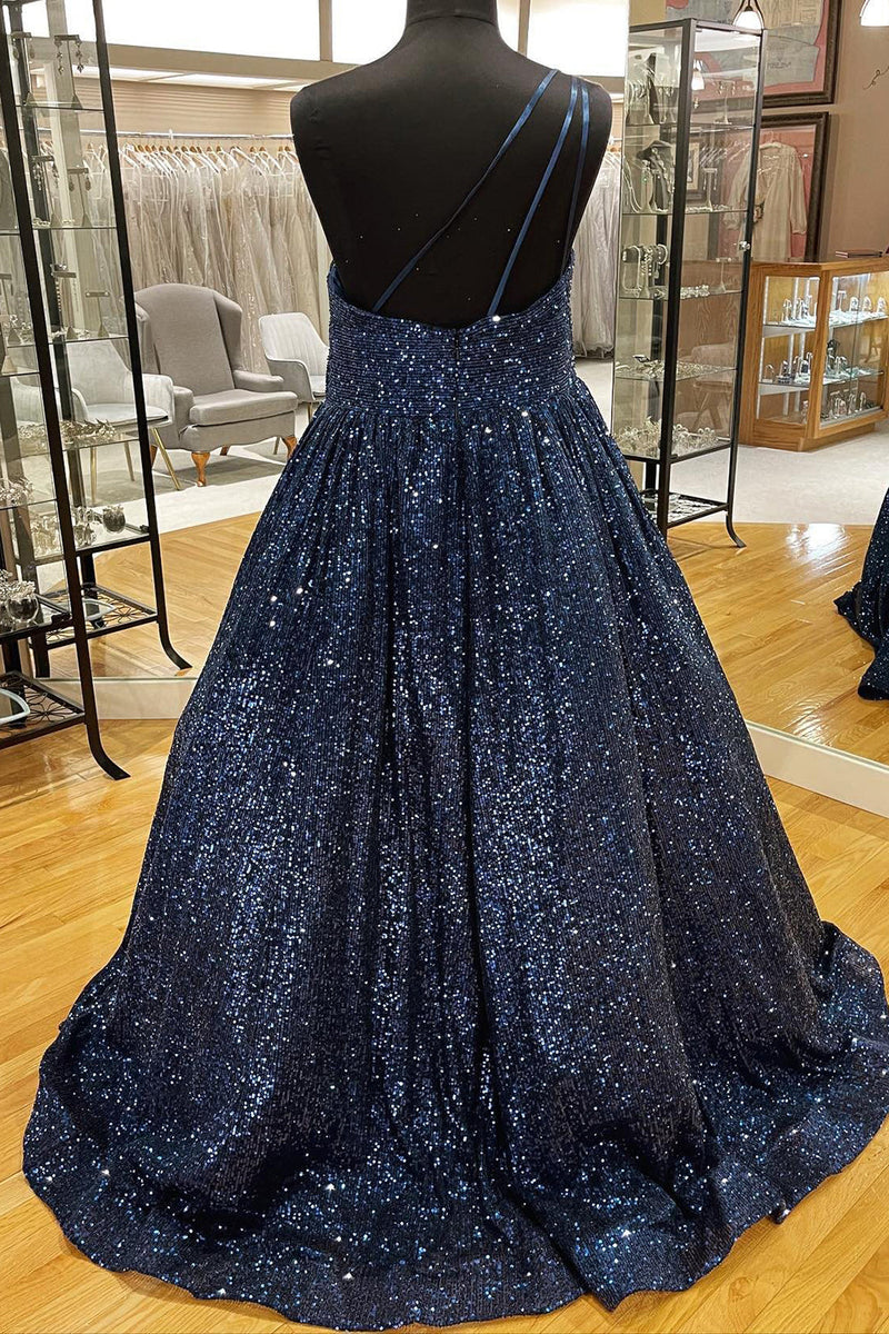 Load image into Gallery viewer, Blue One Shoulder A Line Sequins Prom Dress