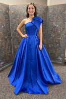 Load image into Gallery viewer, A Line One Shoulder Royal Blue Long Prom Dress with Bowknot