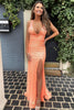 Load image into Gallery viewer, Sheath Deep V Neck Orange Sequins Long Prom Dress with Split Front
