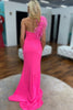 Load image into Gallery viewer, Mermaid One Shoulder Hot Pink Long Prom Dress with Feathers