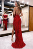 Load image into Gallery viewer, Sparkly Spaghetti Straps Burgundy Sequins Long Prom Dress with Fringes