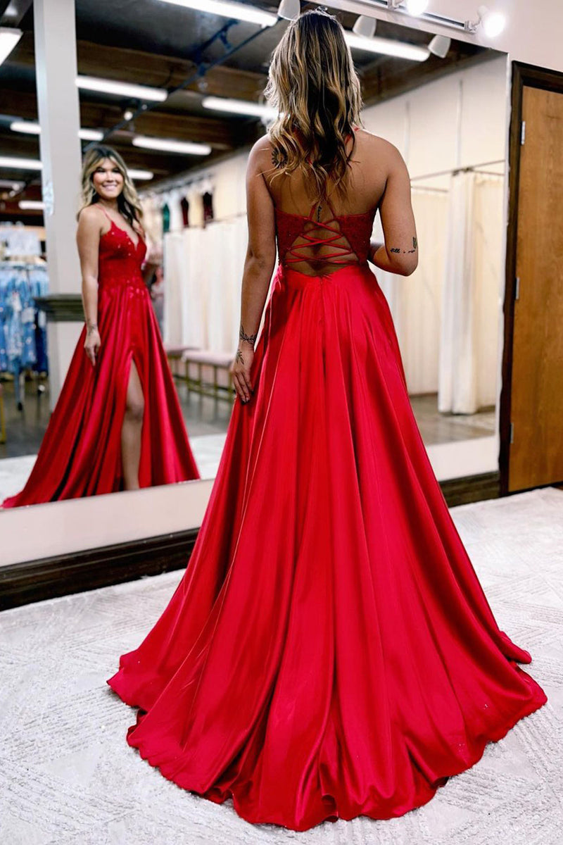 Load image into Gallery viewer, Dark Green Satin A-Line Appliques Prom Dress with Slit
