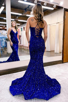Mermaid Royal Blue Spaghetti Straps Sequins Long Prom Dress
