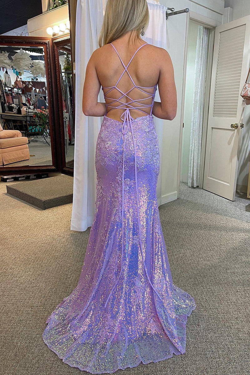 Load image into Gallery viewer, Lavender Sequin Mermaid Prom Dress with Appliques