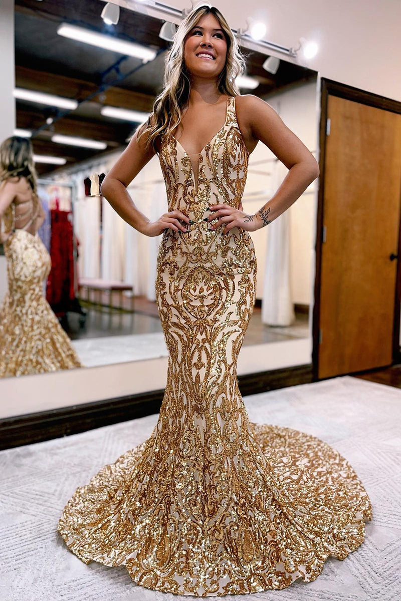 Load image into Gallery viewer, Golden Sequin Sparkly Mermaid Prom Dress