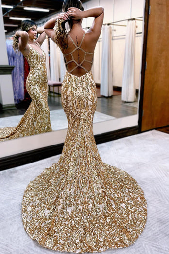 Golden Sequin Sparkly Mermaid Prom Dress