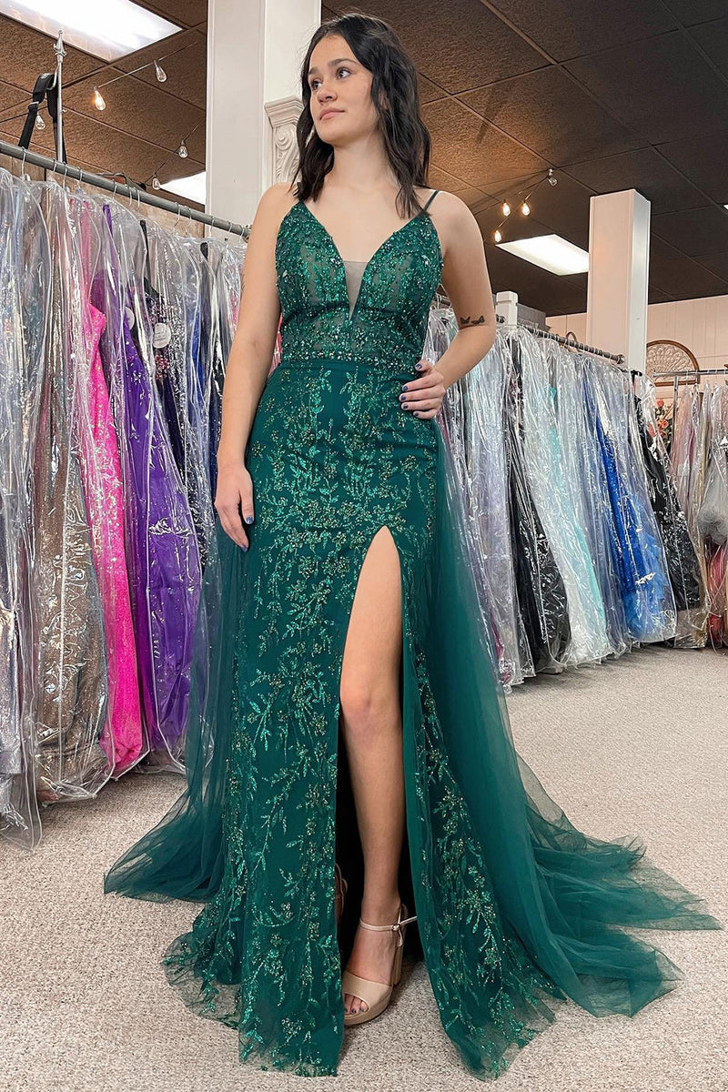 Load image into Gallery viewer, Sparkly Dark Green Tulle Sequin Detachable Train Prom Dress with Slit