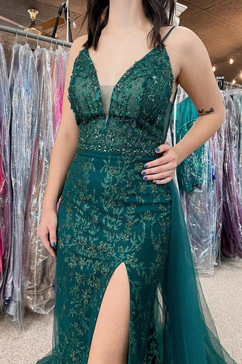 Sparkly Dark Green Tulle Sequin Detachable Train Prom Dress with Slit