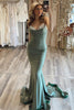 Load image into Gallery viewer, Green Spaghetti Straps Satin Backless Mermaid Prom Dress