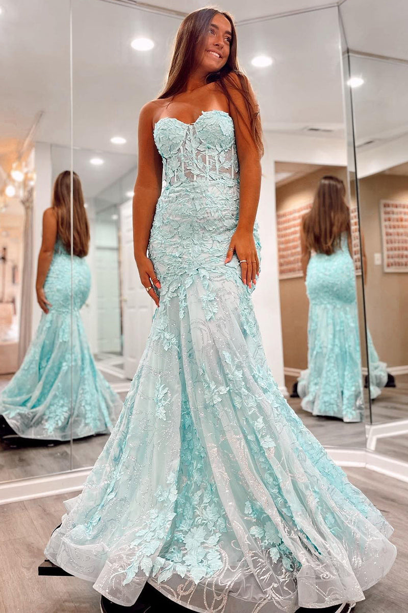 Load image into Gallery viewer, Green Strapless Mermaid Corset Prom Dress with Appliques