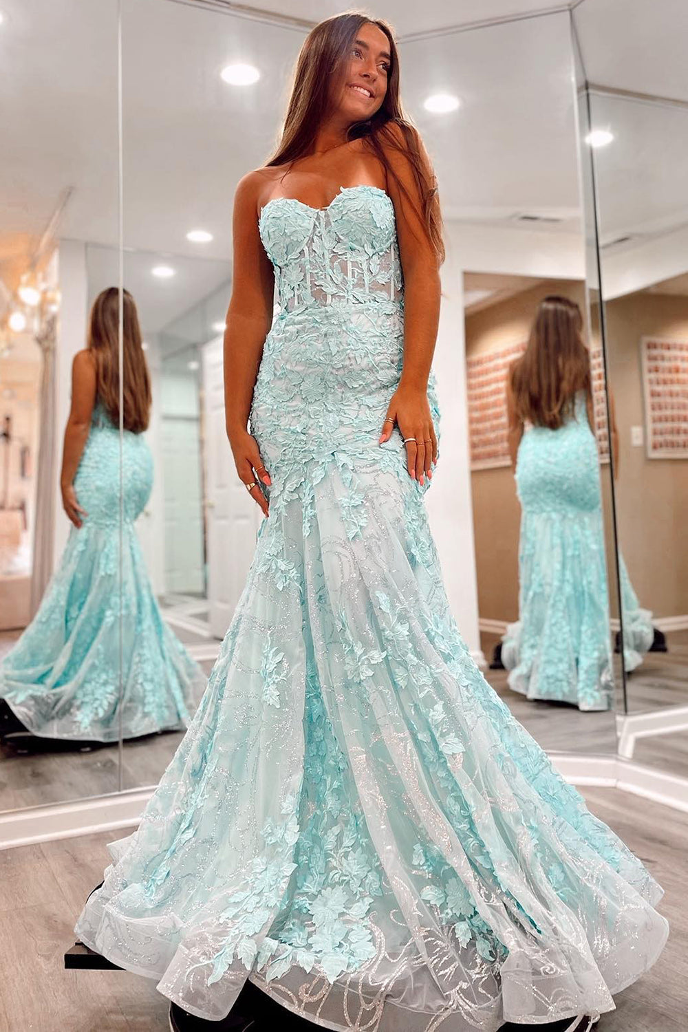 Green Strapless Mermaid Corset Prom Dress with Appliques