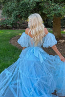 Load image into Gallery viewer, A Line Off the Shoulder Light Blue Tulle Corset Prom Dress with Bowknot