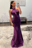 Load image into Gallery viewer, Purple Halter Neck Satin Prom Dress