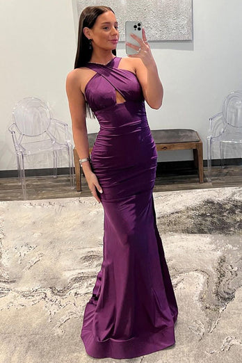 Purple Halter Neck Satin Prom Dress