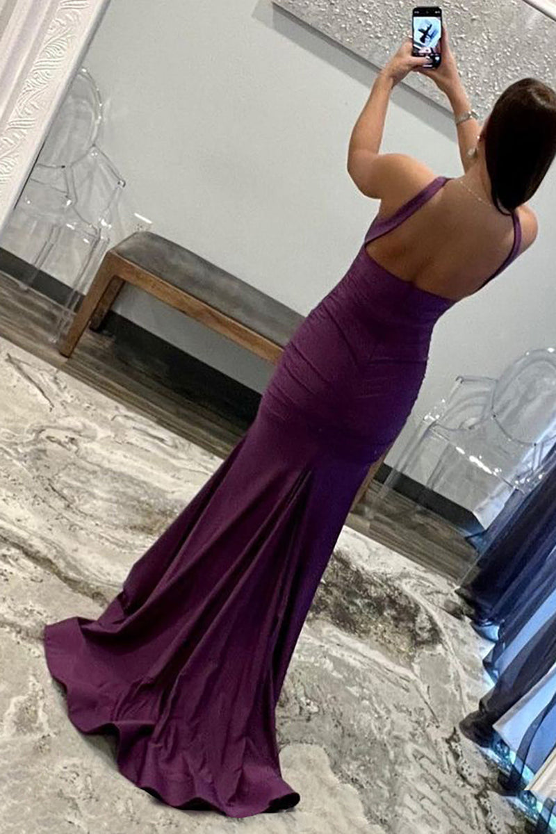 Load image into Gallery viewer, Purple Halter Neck Satin Prom Dress
