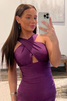 Load image into Gallery viewer, Purple Halter Neck Satin Prom Dress