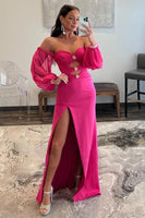 Load image into Gallery viewer, Hot Pink Off The Shoulder Detachale Sleeves Cut Out Prom Dress